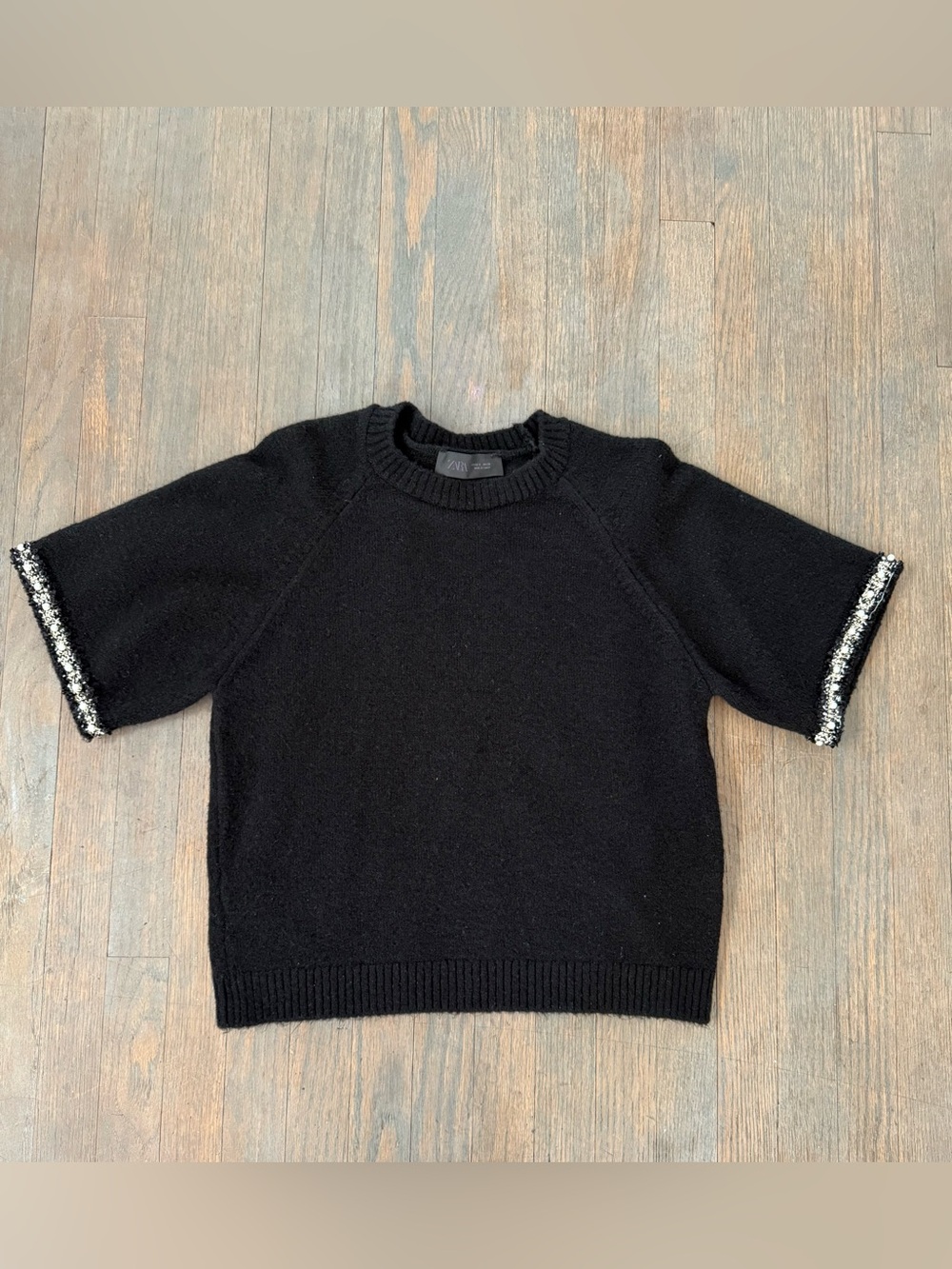 Zara Black Short-Sleeve Crew Sweater with Metallic Trim